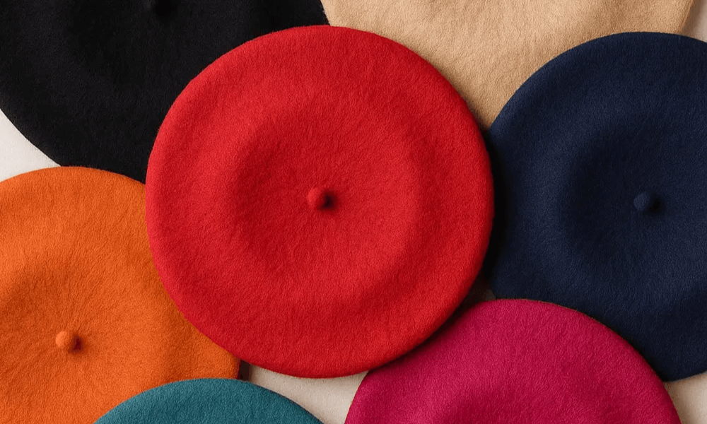 Collection of colorful berets arranged in a circular pattern on a light background