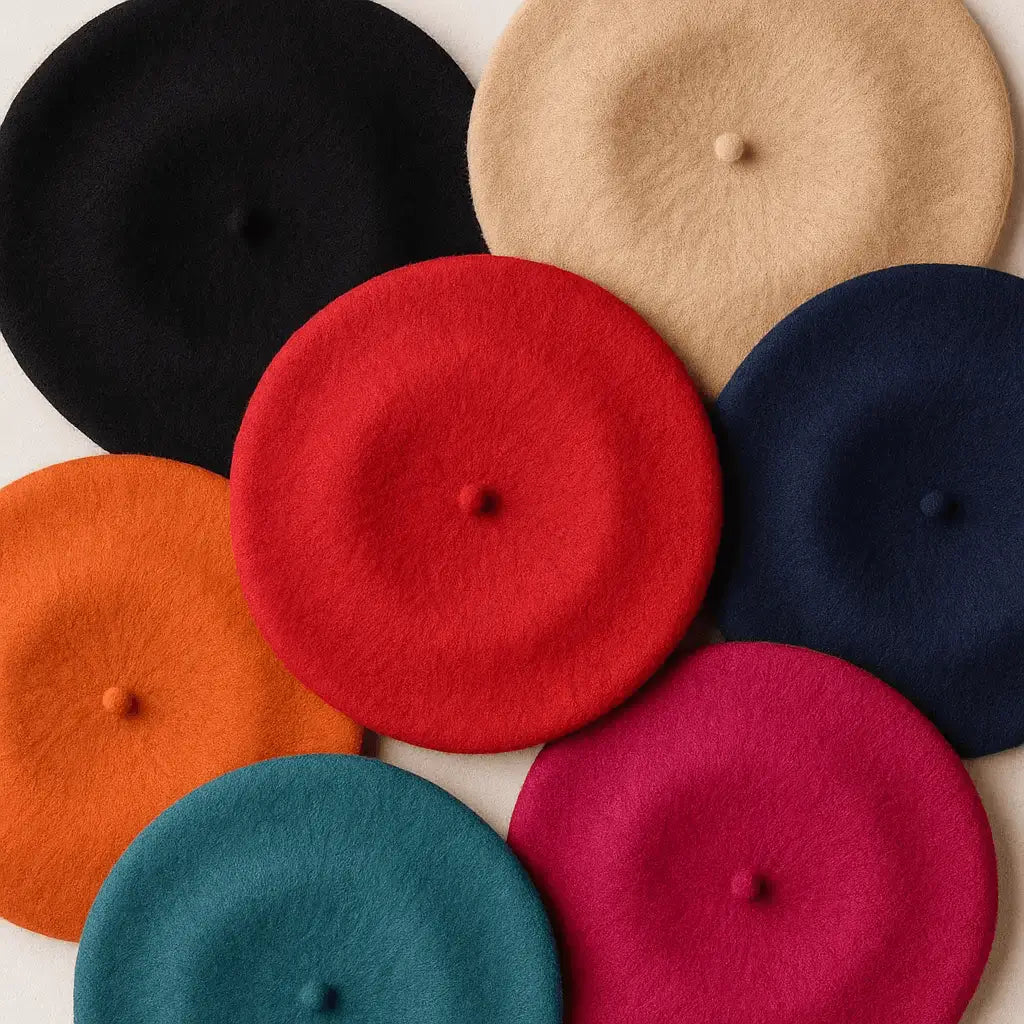 Collection of colorful berets arranged in a circular pattern on a light background