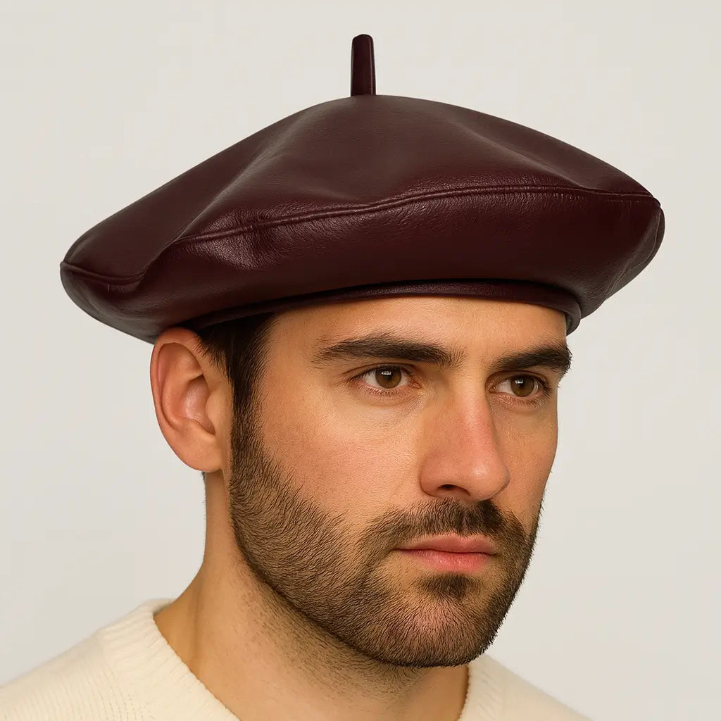 Brown Leather Beret with Brim