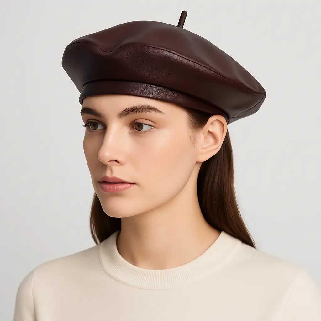 Brown Leather Beret with Brim