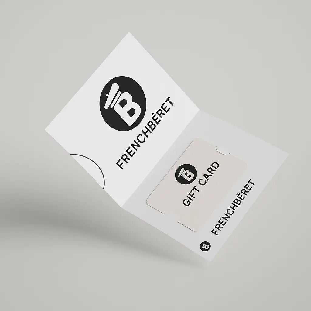 White gift card packaging with FRENCHBERET logo on a light gray background