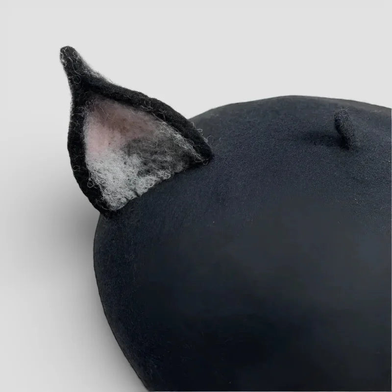 Black felt cat ear beret from Animal Beret collection