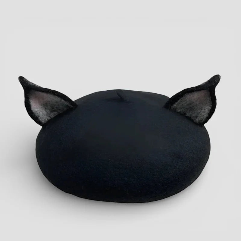 Black felt Animal Beret with soft plush cat ears
