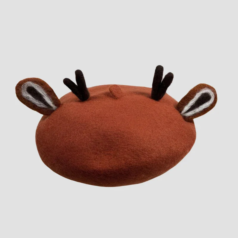 Brown beret with deer ears and antlers.