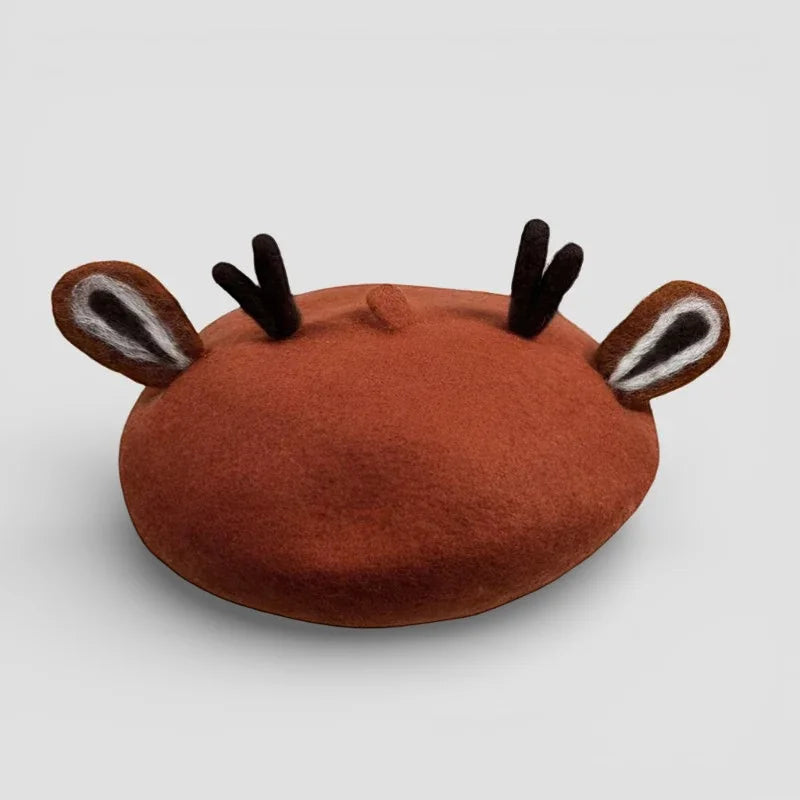 Cozy brown felt Animal Beret with plush deer ears and black antlers