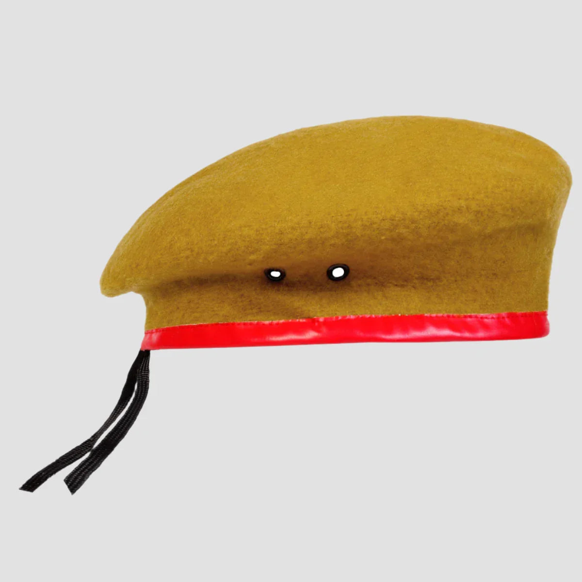 Khaki beret with red trim.