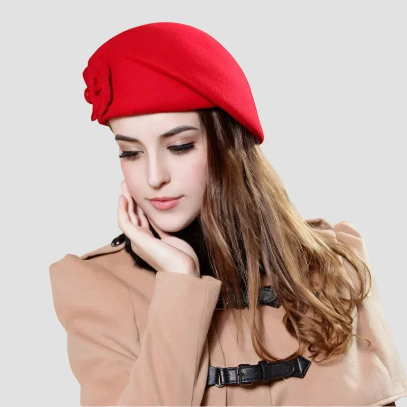 Vibrant red Audrey wool beret with matching felt flower accent