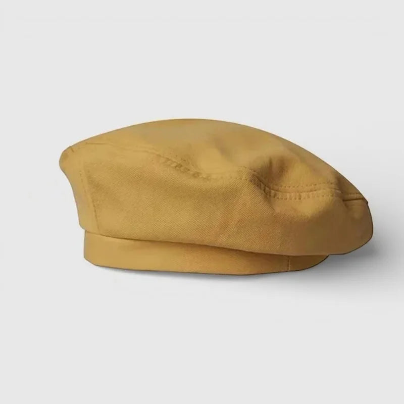 Authentic Basque Beret in mustard-yellow canvas with wrinkled texture and stitching