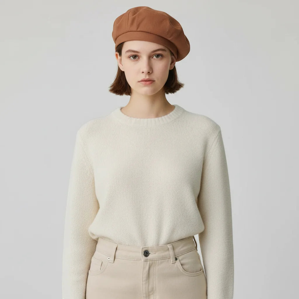Authentic Basque Beret soft cream ribbed knit sweater round neck long sleeves