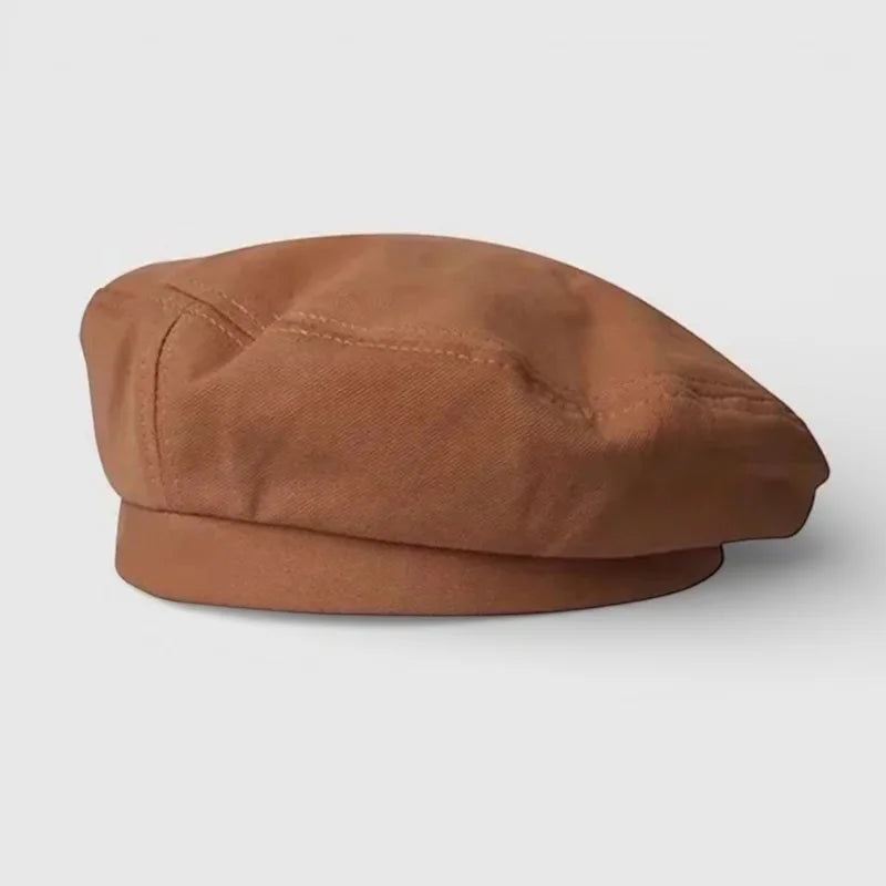 Authentic Basque Beret in soft tan textured fabric with subtle stitching