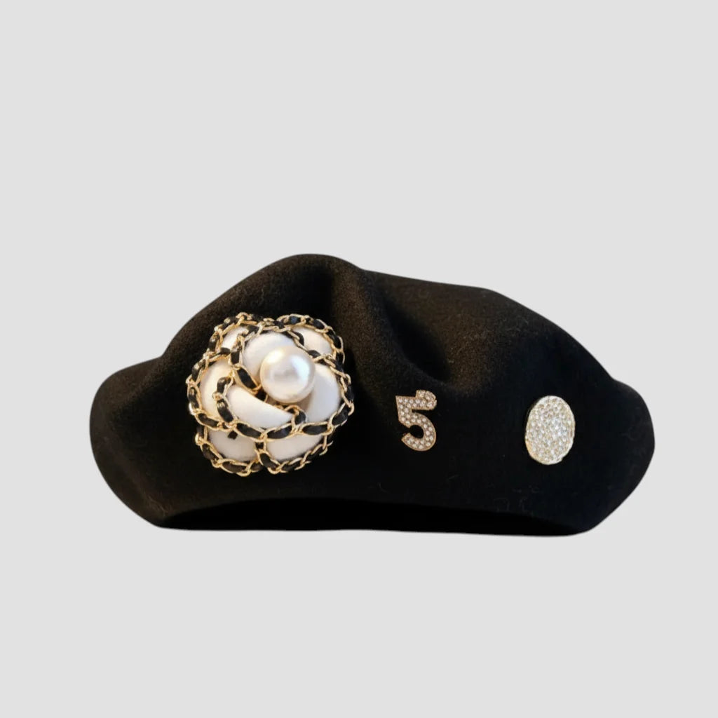 Basque style black beret with gold chain-link pearl brooch and diamond 5 pin