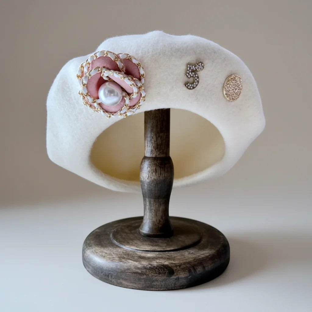 Basque style beret with pink gold floral pearl and sparkling pins