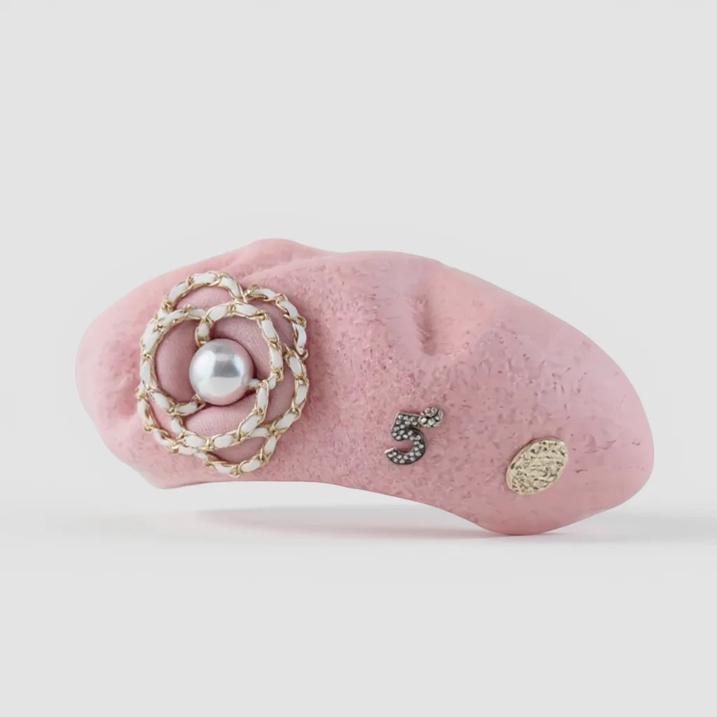 Pink Basque Style Beret with gold rose, pearl, black 5 rhinestones