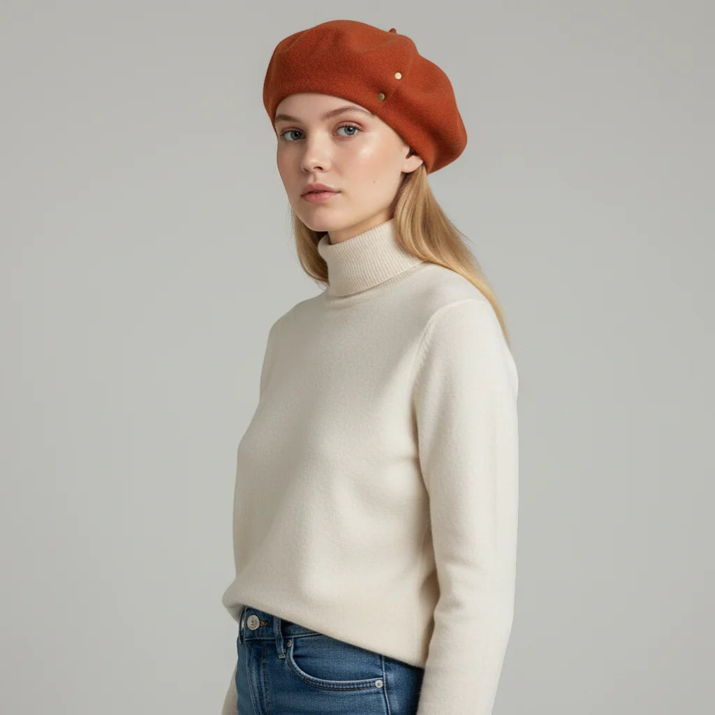 Basque Wool Beret in soft rust color with gold-tone button accents