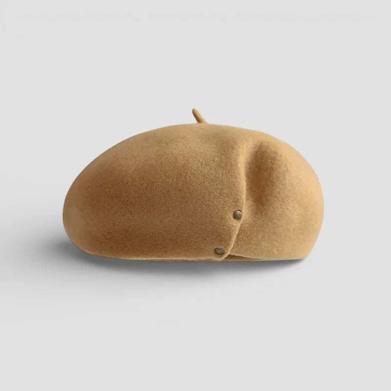 Basque Wool Beret: soft tan felt with button closure and rounded crown