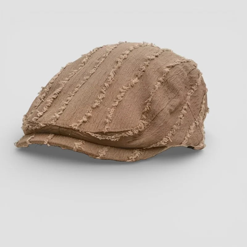 Beige textured flat Beanie Beret Cap with frayed ribbed detailing