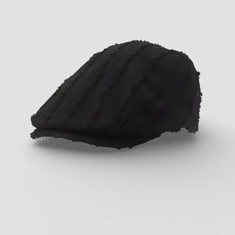 Black textured Beanie Beret Cap with frayed edges and wrinkled fabric