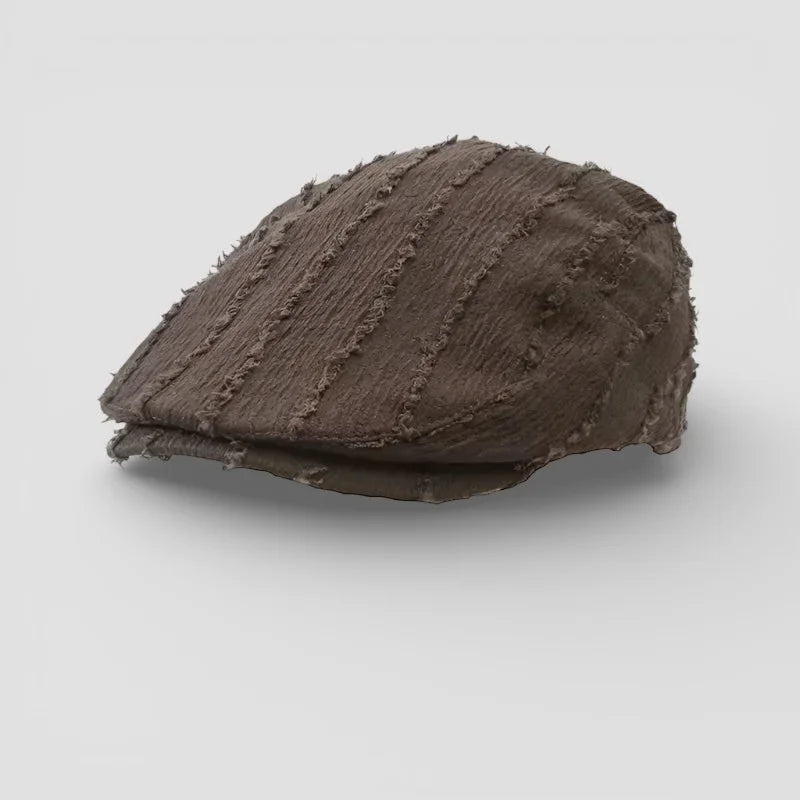 Textured brown Beanie Beret Cap with frayed edges and stitching