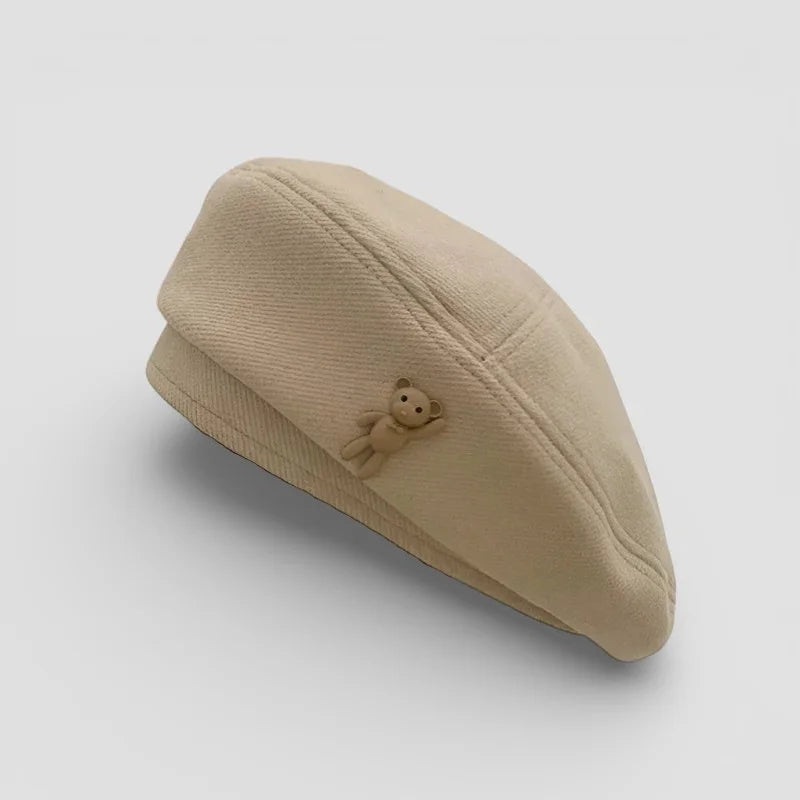 Bear Beret: beige beret with small teddy bear pin
