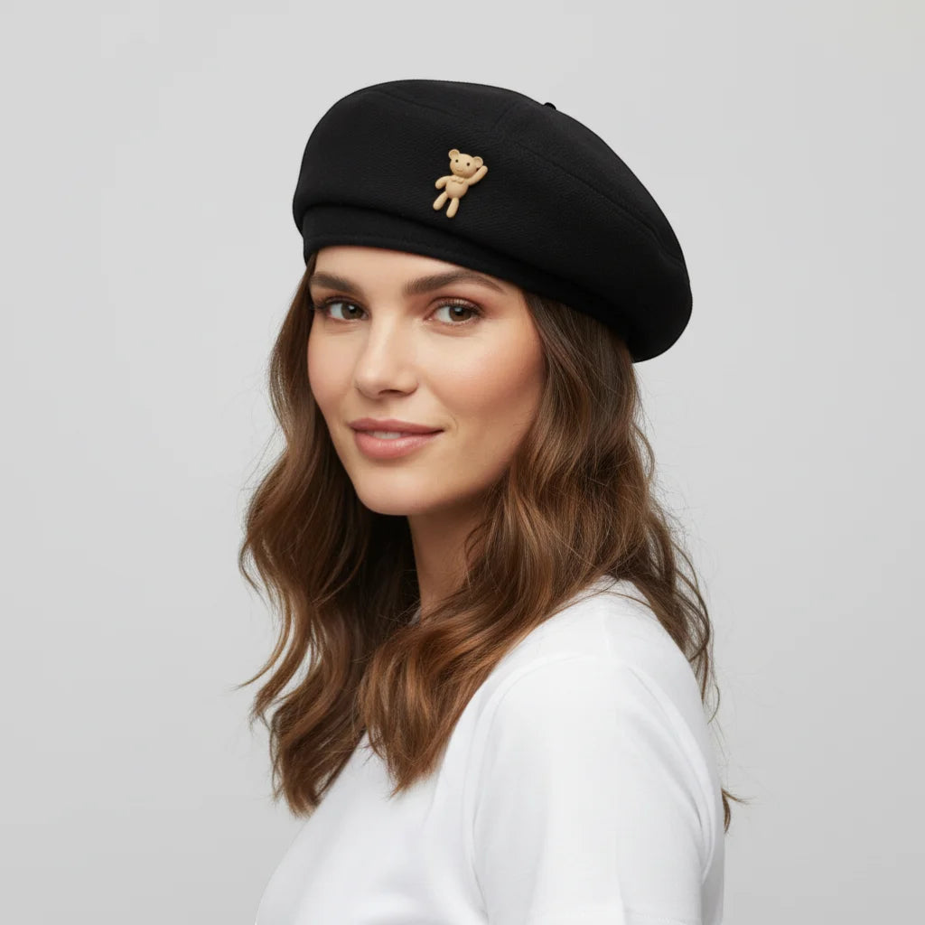 Bear Beret: black beret with small beige teddy bear pin