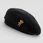 Bear Beret: black beret with small tan teddy bear pin