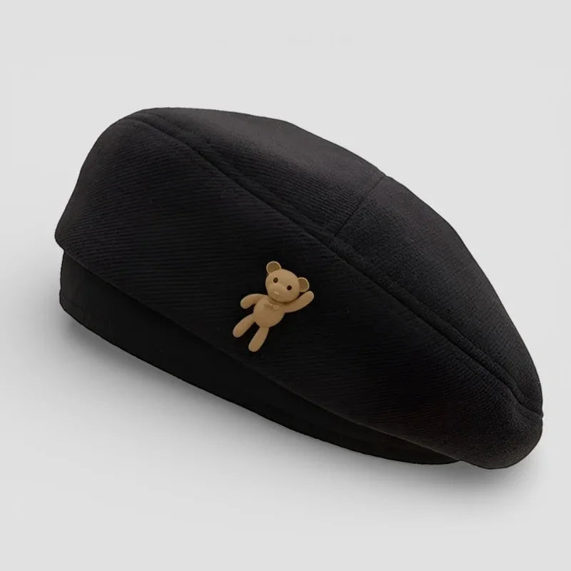 Bear Beret: black beret with small tan teddy bear pin