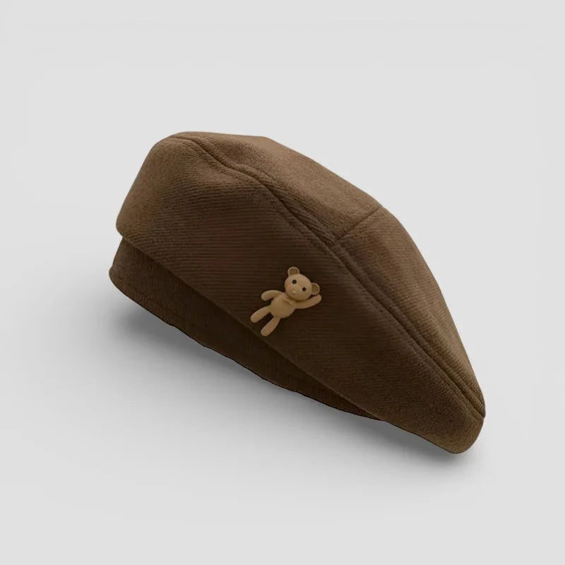 Brown corduroy Bear Beret with beige teddy bear pin