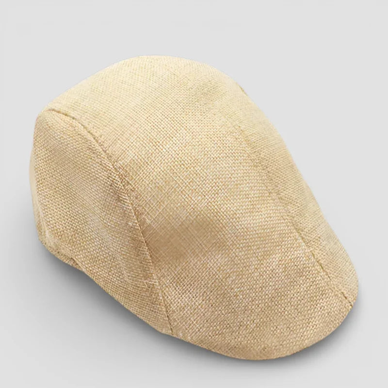 Beige linen flat cap with textured weave and structured panels