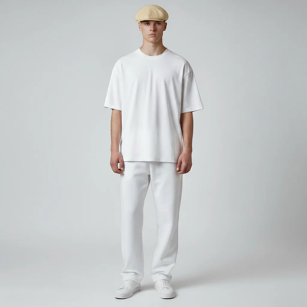 Minimalist white cotton t-shirt in Beige Beret Cap style, relaxed fit