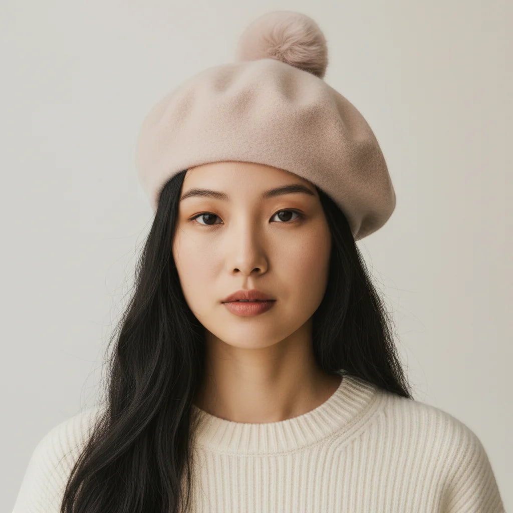 Soft blush pink beret with matching fluffy pom-pom top