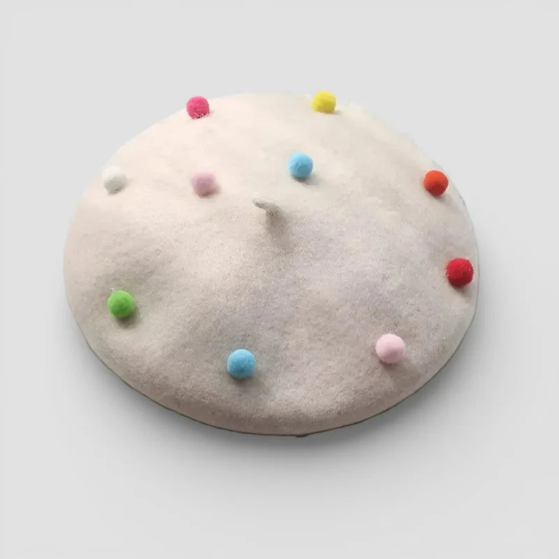 Beige Candy Beret with colorful fluffy pom-poms