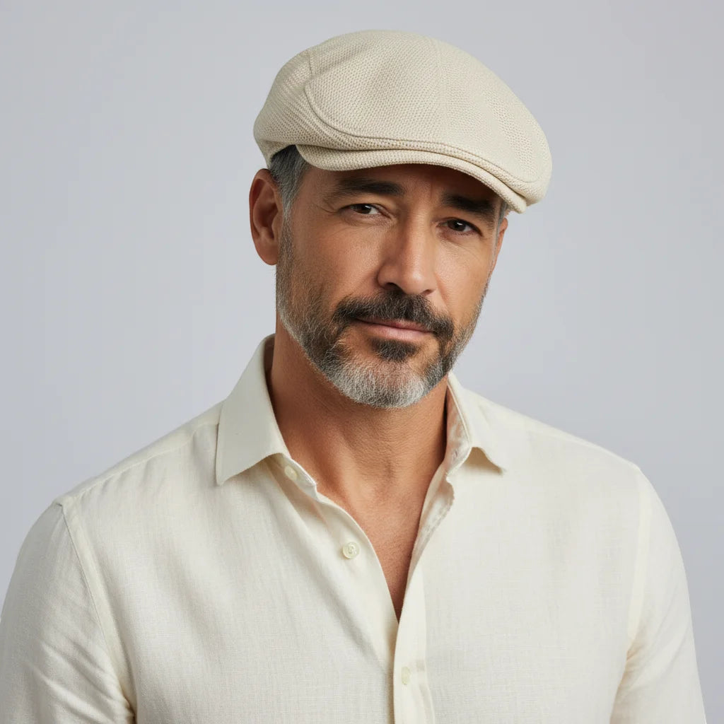 Beige textured flat cap beret with structured rounded crown and stitched details