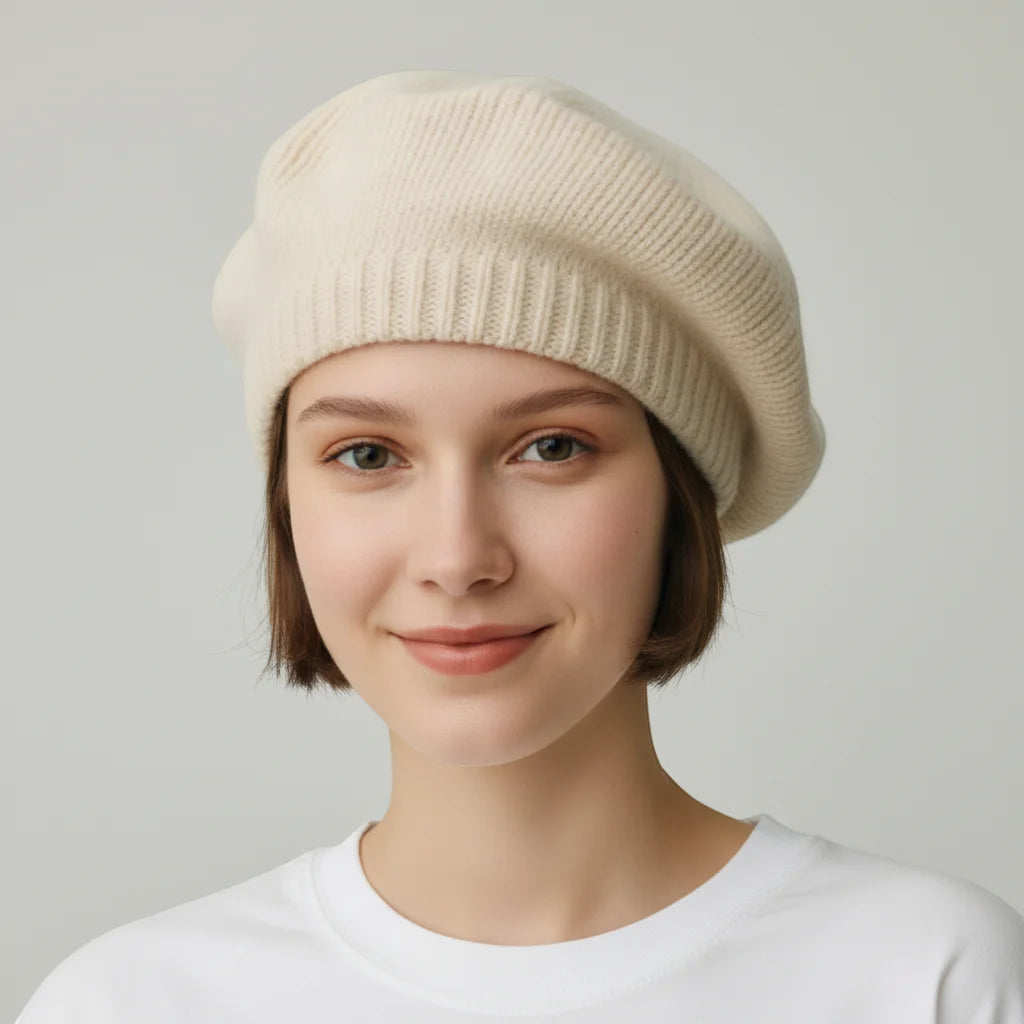 Cream-colored knitted Beige French Beret with ribbed brim