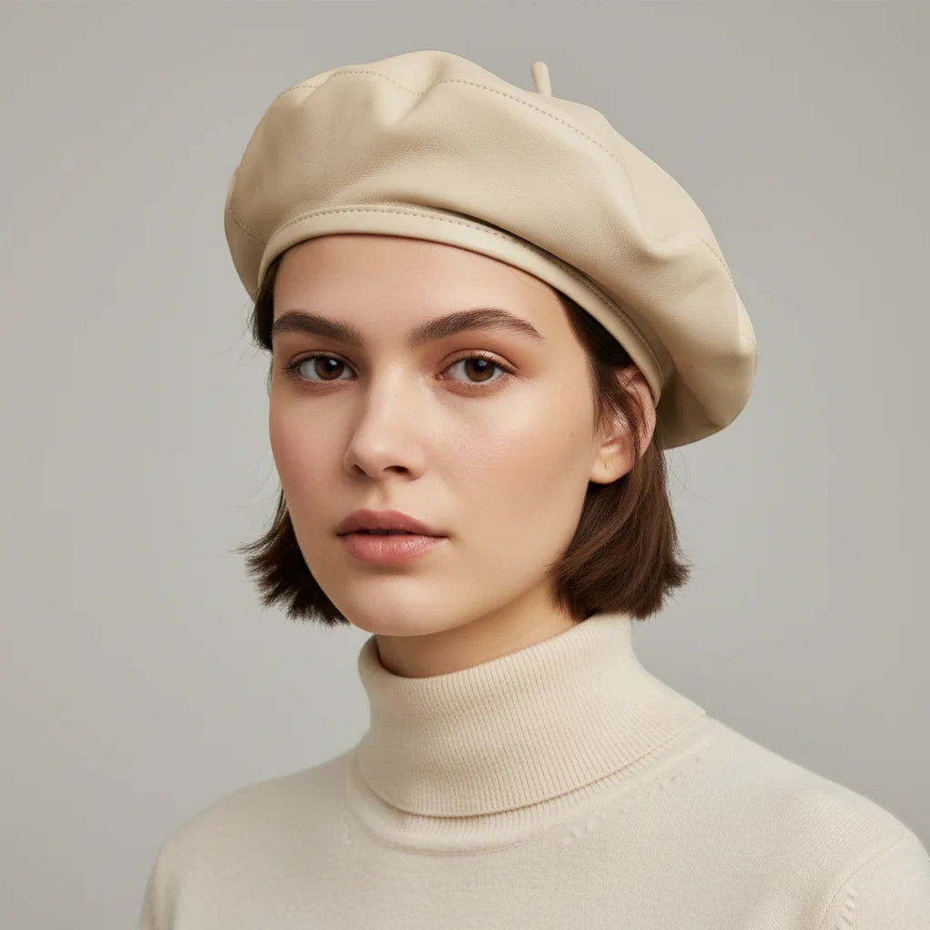 Beige leather French beret with soft structured shape and subtle stitching