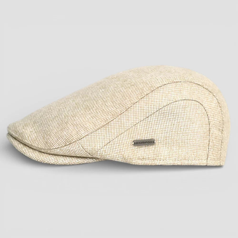 Beige textured flat Beret Cap Adjustable with woven pattern and metallic tag