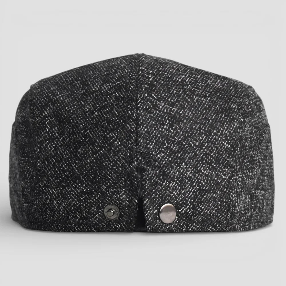 Back view of Beret Cap Adjustable: dark gray textured wool with speckles, metal snaps