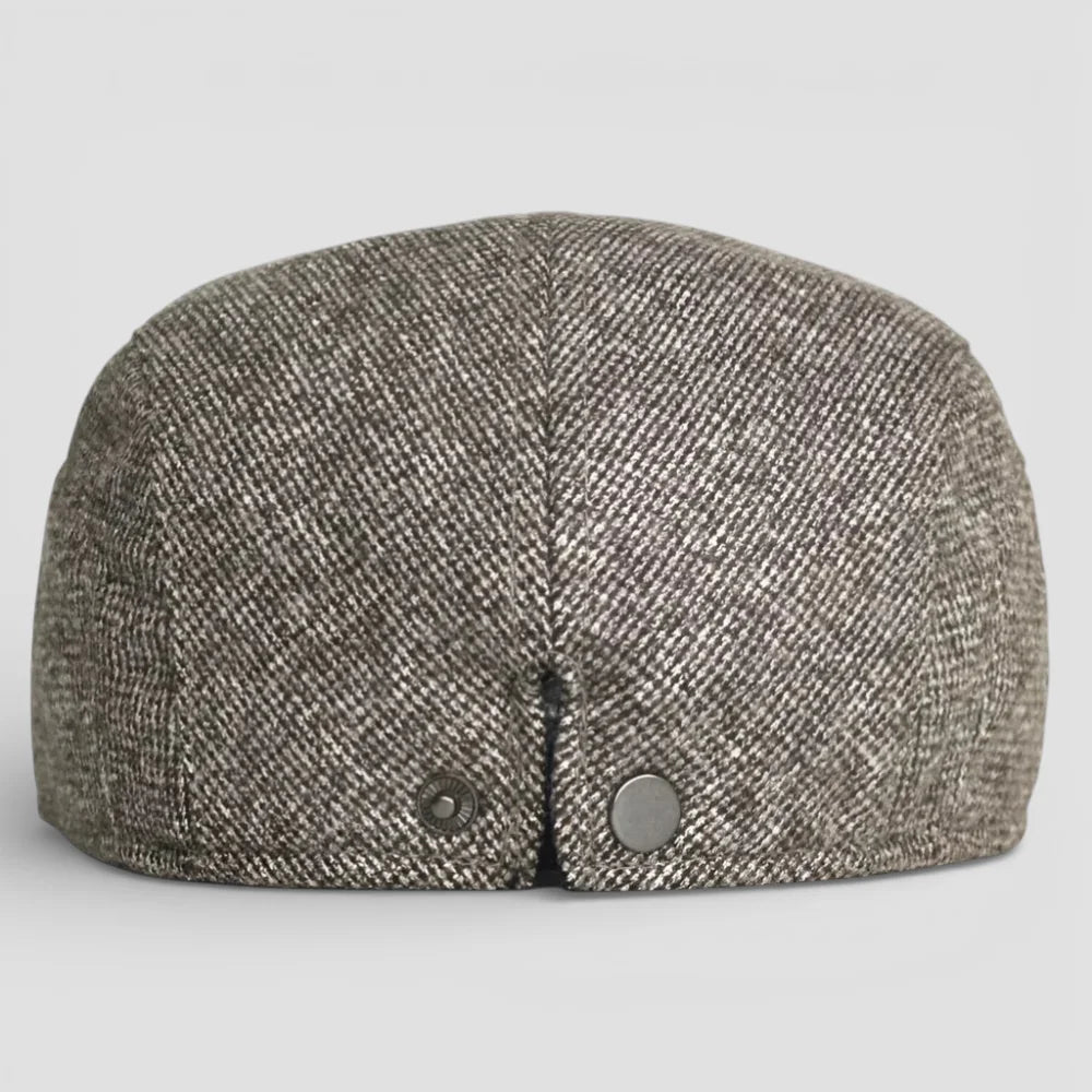 Back view of textured gray herringbone wool Beret Cap Adjustable with metallic buttons