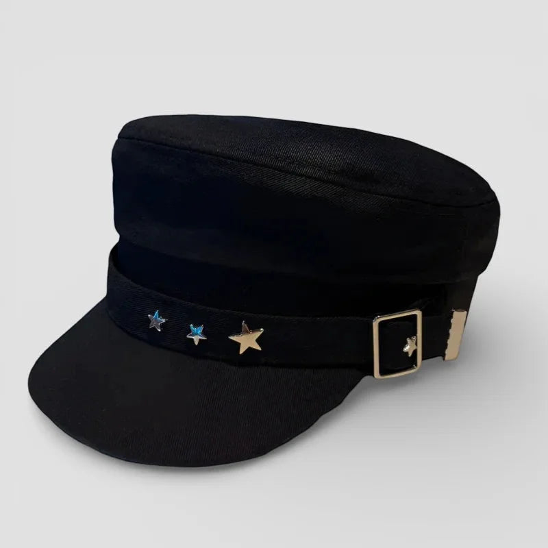 Black velvet Beret Cap Fashion with star-adorned belt and gold-tone buckle