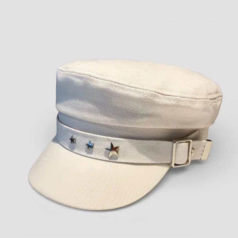 Cream-colored canvas Beret Cap Fashion with silver satin band, stars, buckle