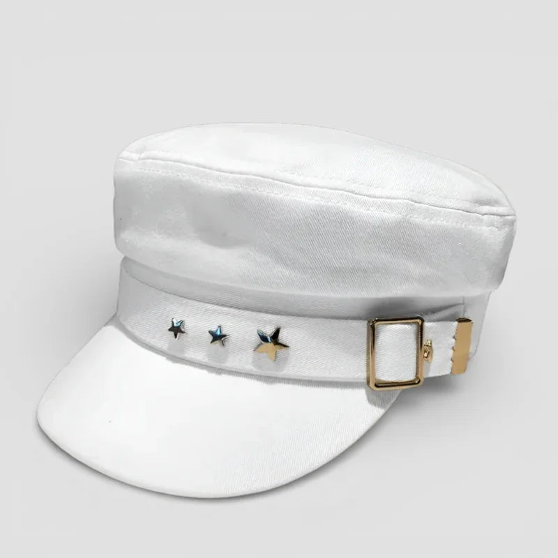 Beret Cap Fashion white cap with stars and gold buckle