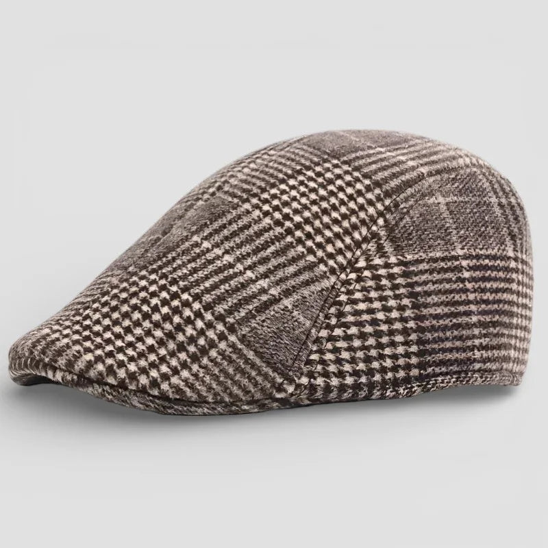 Brown beige houndstooth wool blend flat cap Beret Cap Pattern