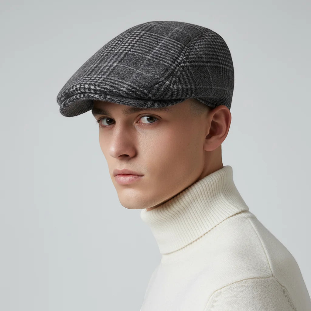 Stylish gray plaid flat cap with classic structured design, Beret Cap Pattern