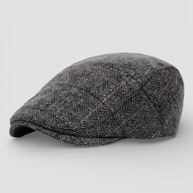 Classic gray herringbone tweed Beret Flat Cap with curved brim