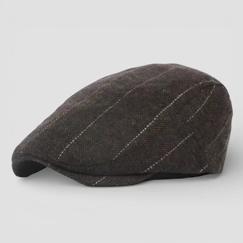 Dark brown herringbone flat cap with white pinstripes, Beret Flat Cap