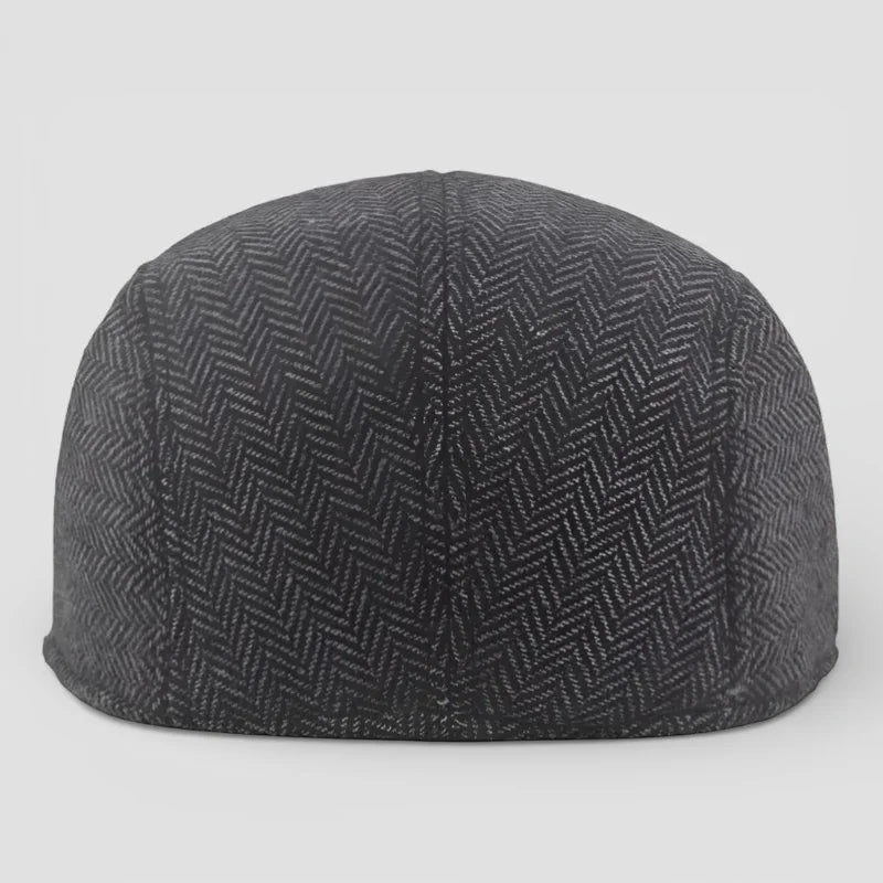 Dark gray herringbone wool Beret Flat Cap with structured crown