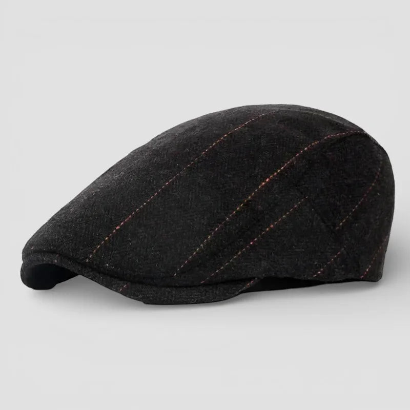 Dark gray tweed Beret Flat Cap with subtle diagonal pinstripes