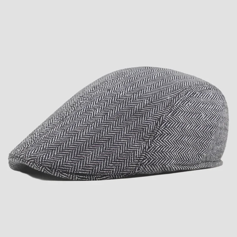 Gray herringbone flat cap.