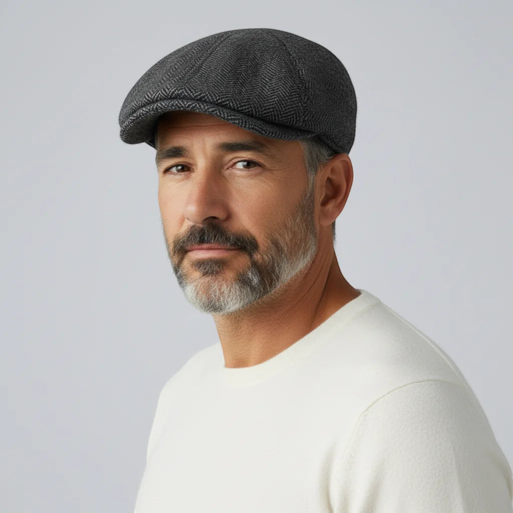 Gray herringbone patterned flat cap Beret Flat Cap