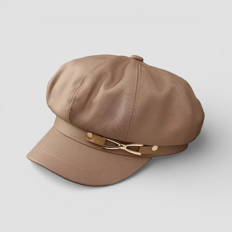 Beige fabric newsboy Beret Hat With Cap with gold-tone bow clasp on brim