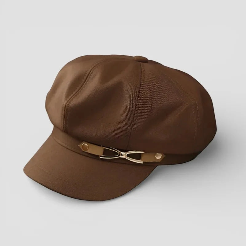 Brown leather-like 8-panel beret hat with gold-tone clasp on brim